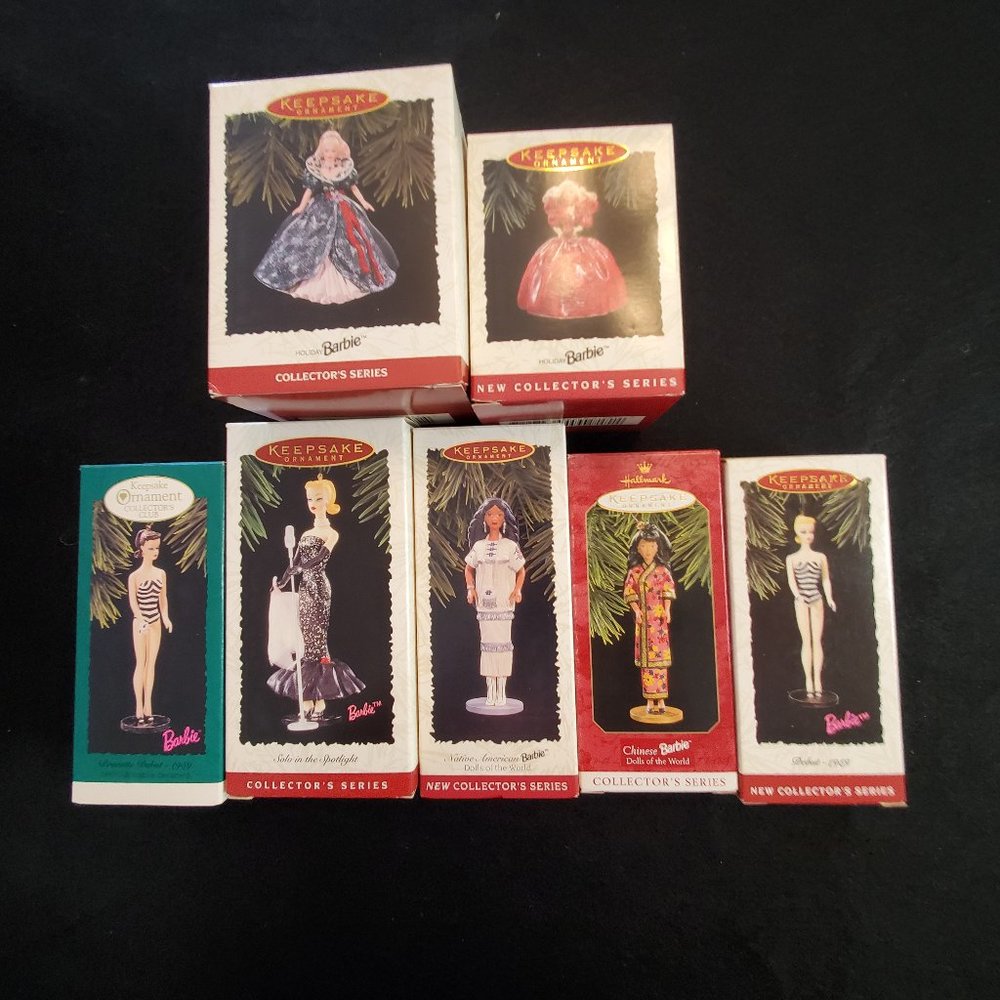 Hallmark 7 Barbie Ornaments including Native American & Chinese Barbies NIB